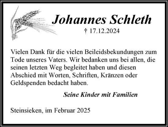 Traueranzeige von Johannes Schleth von Schleswig-Holsteinische Landeszeitung