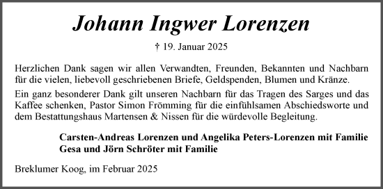 Traueranzeige von Johann Ingwer Lorenzen von Husumer Nachrichten, Nordfriesland Tageblatt