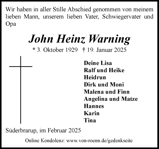 Traueranzeige von John Heinz Warning von Schleswiger Nachrichten, Schlei-Bote
