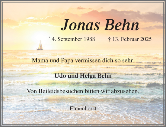 Traueranzeige von Jonas Behn von MARKT Ahrensburg/Bargteheide/Trittau und Stormarner Tageblatt