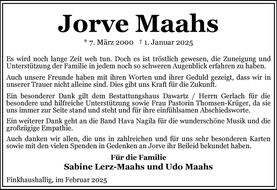 Traueranzeige von Jorve Maahs von Husumer Nachrichten, Nordfriesland Tageblatt