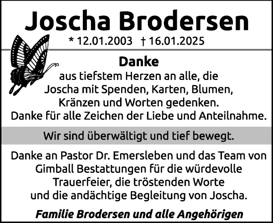 Traueranzeige von Joscha Brodersen von Husumer Nachrichten, Nordfriesland Tageblatt