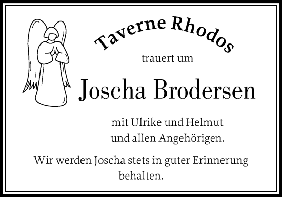 Traueranzeige von Joscha Brodersen von Husumer Nachrichten, Nordfriesland Tageblatt