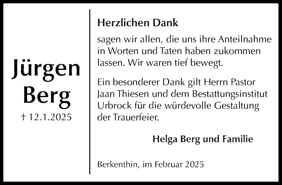 Traueranzeige von Jürgen Berg von MARKT Ratzeburg/Mölln