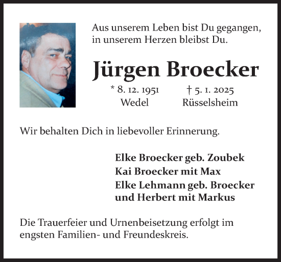 Traueranzeige von Jürgen Broecker von Wedel-Schulauer Tageblatt, tip Wedel-Schulauer Tageblatt, tip Rissener Rundschau