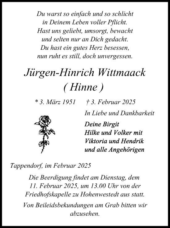 Traueranzeige von Jürgen-Hinrich Wittmaack von Schleswig-Holsteinische Landeszeitung