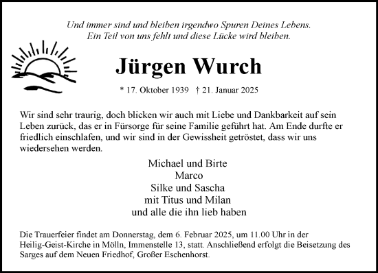 Traueranzeige von Jürgen Wurch von MARKT Ratzeburg/Mölln