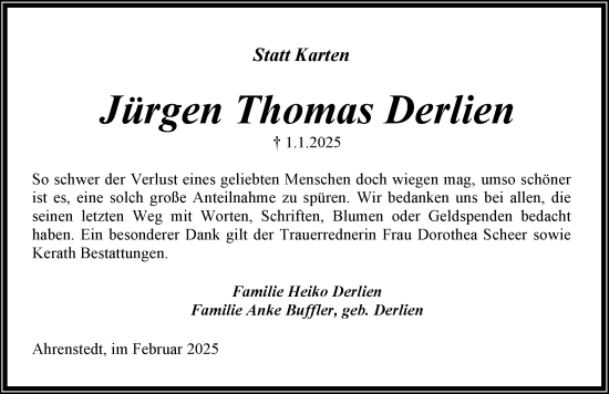 Traueranzeige von Jürgen Thomas Derlien von Schleswig-Holsteinische Landeszeitung