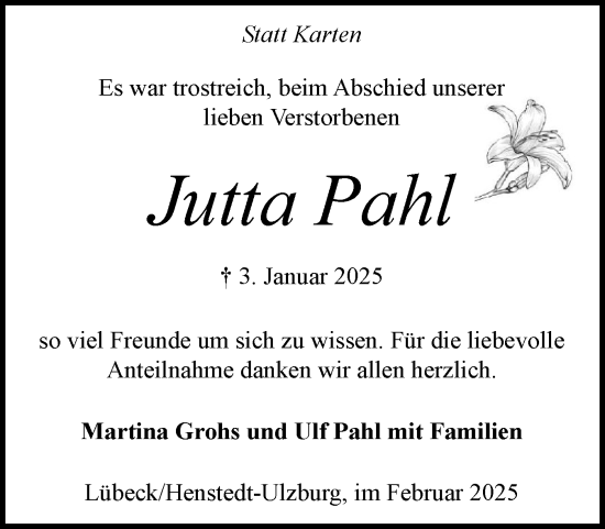 Traueranzeige von Jutta Pahl von Schleswig-Holsteinische Landeszeitung