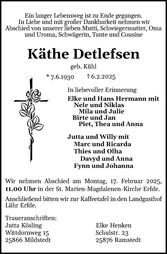 Traueranzeige von Käthe Detlefsen von Husumer Nachrichten, Nordfriesland Tageblatt