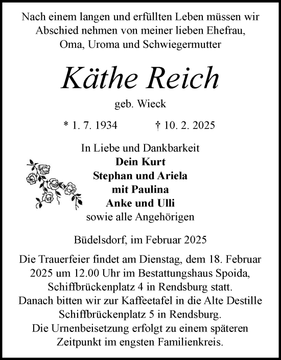 Traueranzeige von Käthe Reich von Schleswig-Holsteinische Landeszeitung