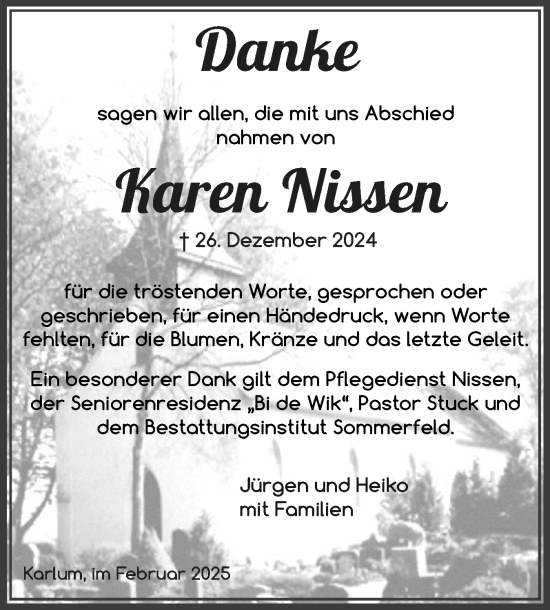 Traueranzeige von Karen Nissen von Husumer Nachrichten, Nordfriesland Tageblatt