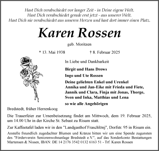 Traueranzeige von Karen Rossen von Husumer Nachrichten, Nordfriesland Tageblatt