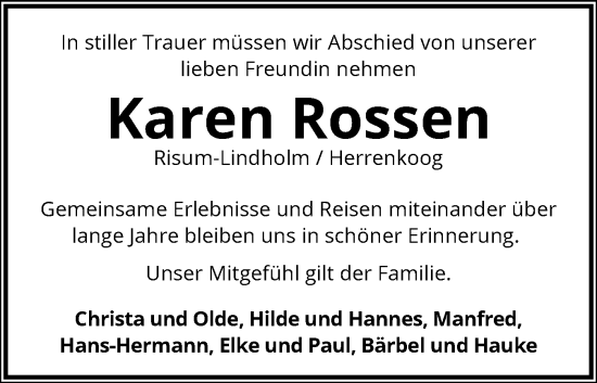 Traueranzeige von Karen Rossen von Husumer Nachrichten, Nordfriesland Tageblatt