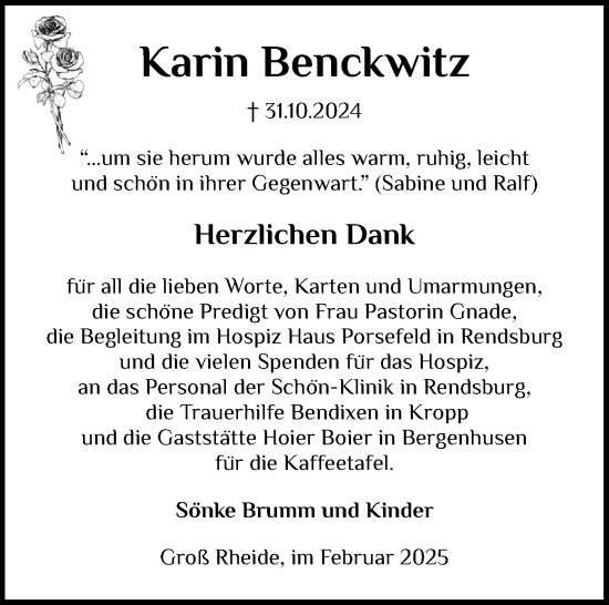 Traueranzeige von Karin Benckwitz von Schleswiger Nachrichten, Schlei-Bote