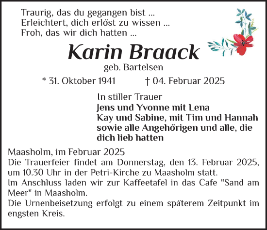 Traueranzeige von Karin Braack von Schleswiger Nachrichten, Schlei-Bote
