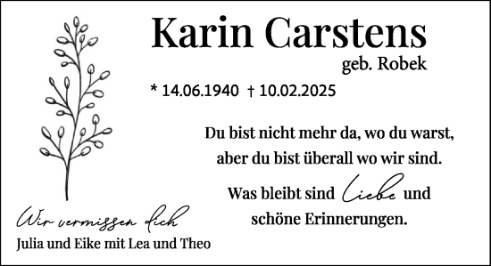 Traueranzeige von Karin Carstens von MARKT Ratzeburg/Mölln