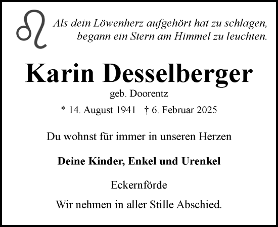 Traueranzeige von Karin Desselberger von Eckernförder Zeitung, Hallo Eckernförde