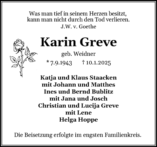 Traueranzeige von Karin Greve von Holsteinischer Courier