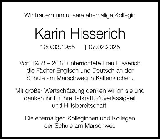 Traueranzeige von Karin Hisserich von Umschau
