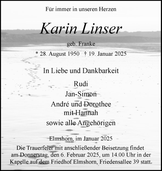 Traueranzeige von Karin Linser von Elmshorner Nachrichten, Barmstedter Zeitung