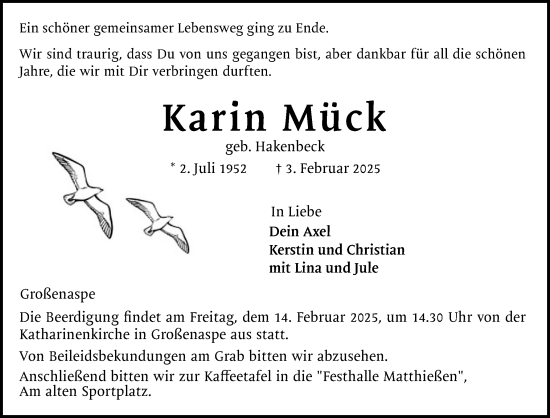 Traueranzeige von Karin Mück von Holsteinischer Courier