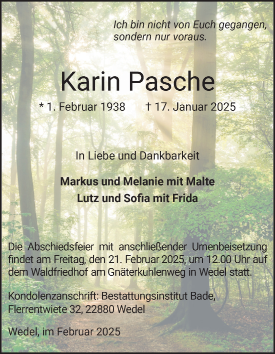 Traueranzeige von Karin Pasche von Wedel-Schulauer Tageblatt, tip Wedel-Schulauer Tageblatt, tip Rissener Rundschau