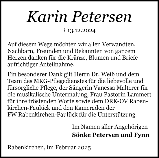 Traueranzeige von Karin Petersen von Schleswiger Nachrichten, Schlei-Bote