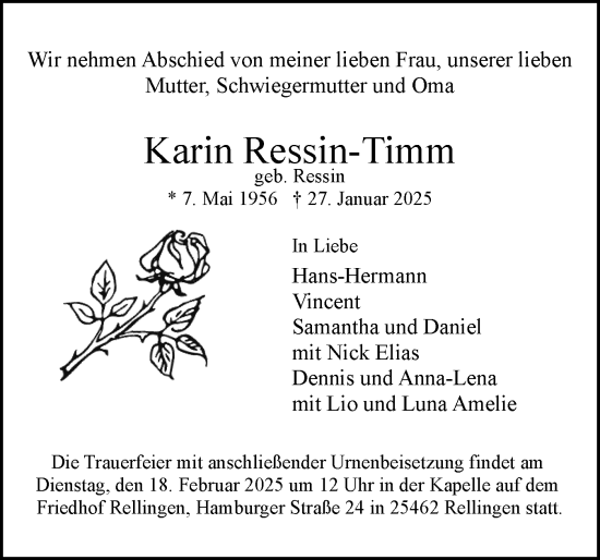 Traueranzeige von Karin Ressin-Timm von Region Pinneberg und tip Pinneberg