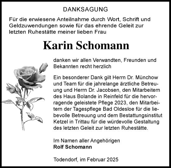 Traueranzeige von Karin Schomann von MARKT Ahrensburg/Bargteheide/Trittau und Stormarner Tageblatt