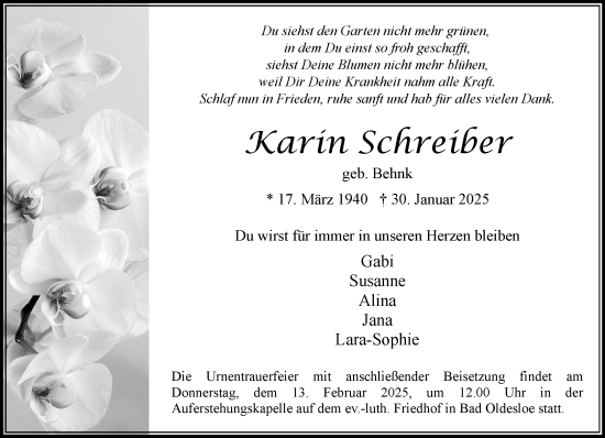 Traueranzeige von Karin Schreiber von MARKT Bad Oldesloe/Reinfeld und Stormarner Tageblatt