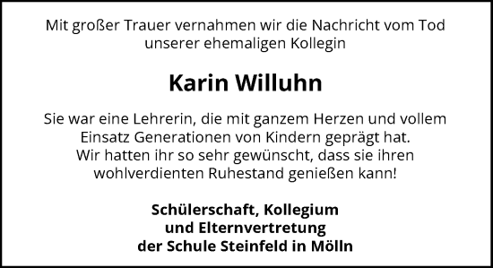 Traueranzeige von Karin Willuhn von MARKT Ratzeburg/Mölln
