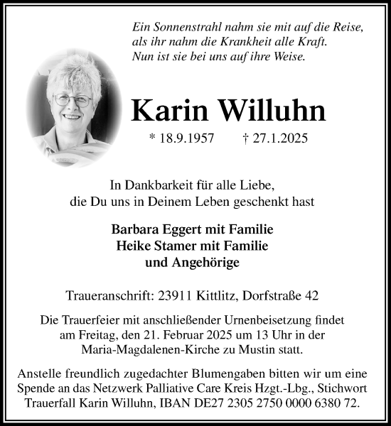 Traueranzeige von Karin Willuhn von MARKT Ratzeburg/Mölln
