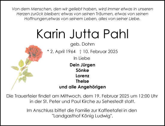 Traueranzeige von Karin Jutta Pahl von Schleswig-Holsteinische Landeszeitung