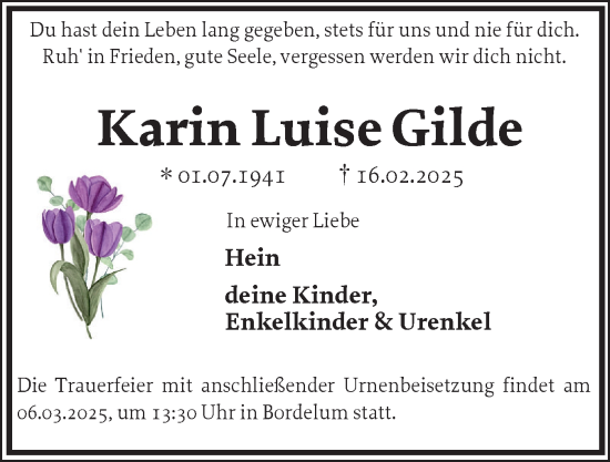 Traueranzeige von Karin Luise Gilde von Husumer Nachrichten, Nordfriesland Tageblatt