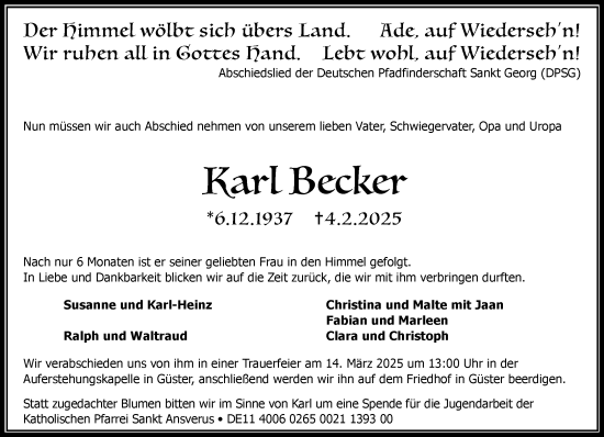 Traueranzeige von Karl Becker von MARKT Ratzeburg/Mölln