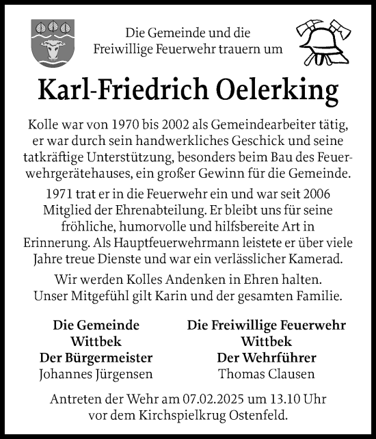 Traueranzeige von Karl-Friedrich Oelerking von Husumer Nachrichten, Nordfriesland Tageblatt