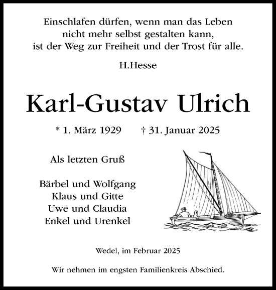 Traueranzeige von Karl-Gustav Ulrich von Wedel-Schulauer Tageblatt, tip Wedel-Schulauer Tageblatt, tip Rissener Rundschau
