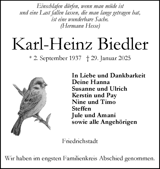 Traueranzeige von Karl-Heinz Biedler von Husumer Nachrichten, Nordfriesland Tageblatt