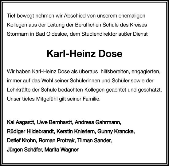 Traueranzeige von Karl-Heinz Dose von MARKT Bad Oldesloe/Reinfeld und Stormarner Tageblatt