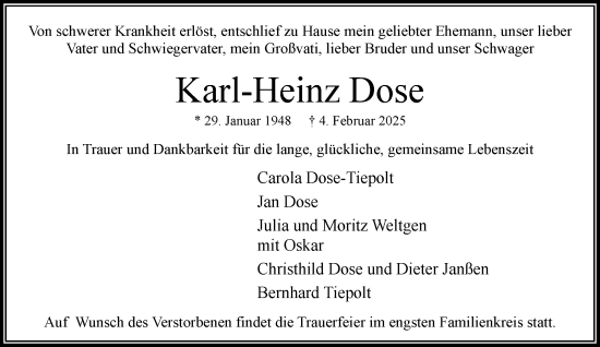 Traueranzeige von Karl-Heinz Dose von MARKT Bad Oldesloe/Reinfeld und Stormarner Tageblatt