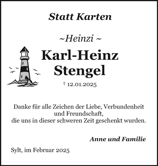 Traueranzeige von Karl-Heinz Stengel von Sylter Rundschau