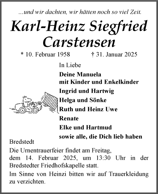 Traueranzeige von Karl-Heinz Siegfried Carstensen von Husumer Nachrichten, Nordfriesland Tageblatt