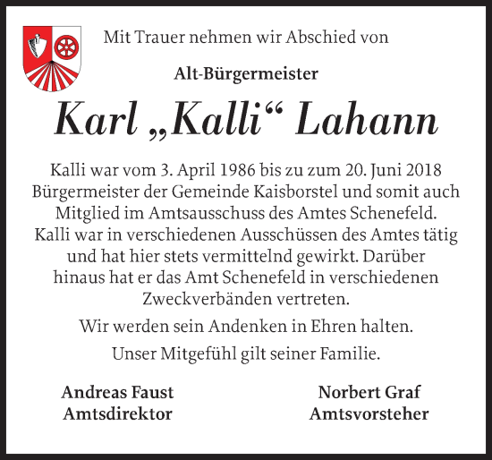 Traueranzeige von Karl Lahann von Norddeutsche Rundschau, Wilstersche Zeitung, Glückstädter Fortuna