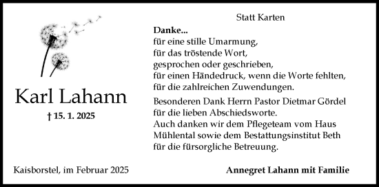 Traueranzeige von Karl Lahann von Norddeutsche Rundschau, Wilstersche Zeitung, Glückstädter Fortuna