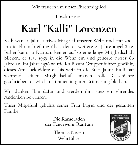 Traueranzeige von Karl Lorenzen von Sylter Rundschau
