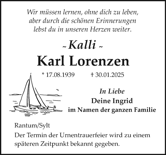 Traueranzeige von Karl Lorenzen von Sylter Rundschau