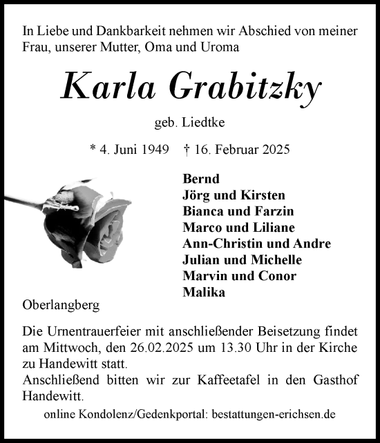 Traueranzeige von Karla Grabitzky von Flensburger Tageblatt