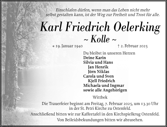 Traueranzeige von Karl Friedrich Oelerking von Husumer Nachrichten, Nordfriesland Tageblatt