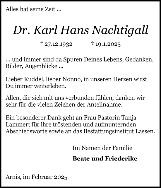 Traueranzeige von Karl Hans Nachtigall von Schleswiger Nachrichten, Schlei-Bote